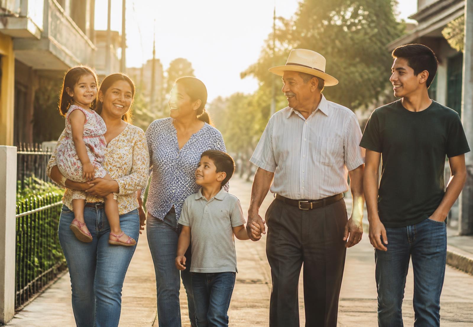 Familia caminando junta bajo luz cálida hacia un nuevo comienzo